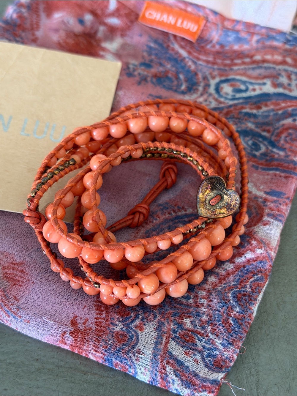 CHAN LUU Coral Pyrite Beaded 5 Wrap Bracelet with Heart Button - Picture 2 of 6